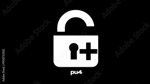 A white padlock with an open arch on a black background and a plus icon