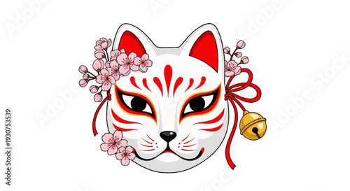 Vibrant Maneki-Neko mask adorned with cherry blossoms and bell