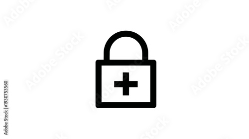 A black and white graphic of a padlock with a plus sign, centered on a white background