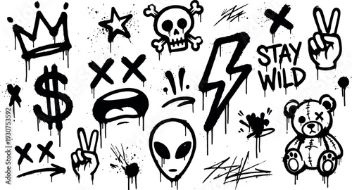 Graffiti art icons set, collection of skulls, crowns, aliens, and teddy bears with spray paint drip and splatter effects.