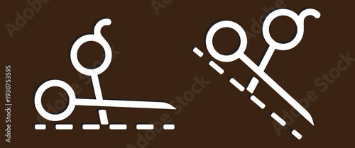 Set of scissors solid icon with shadow and cut dash or gap line indicating opening. Minimal symbol, isolated on brown backgrounds, suitable for packaging, instructions, labels, and cutting guidelines.