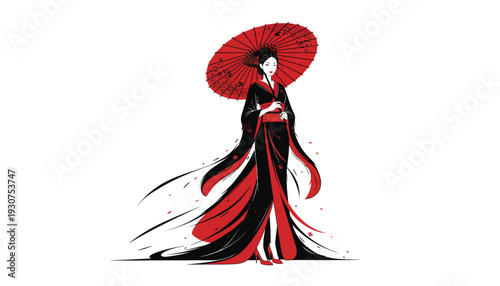 Elegant geisha in traditional kimono holding red parasol