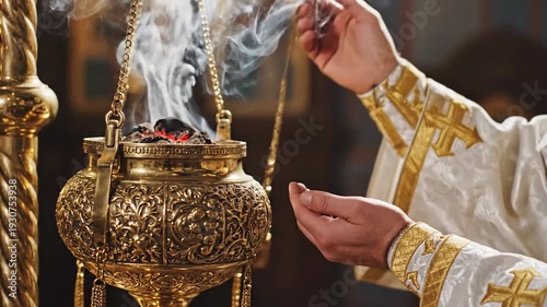 Eastern Orthodox Priest Conducting Liturgical Service with Censer, Incense Smoke Rising in Church