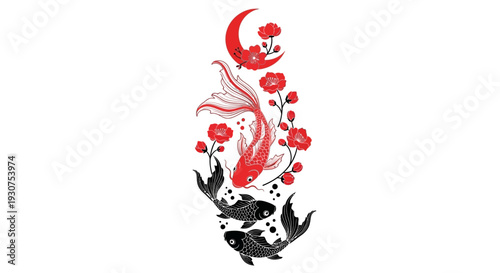 Vibrant koi fish swimming with cherry blossoms and crescent moon