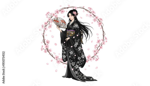 Elegant geisha in traditional kimono with cherry blossoms
