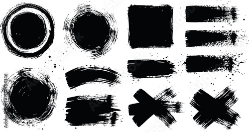 Grungy brush strokes set, collection of hand drawn ink splatters and textured paint marks for artistic design and backgrounds.