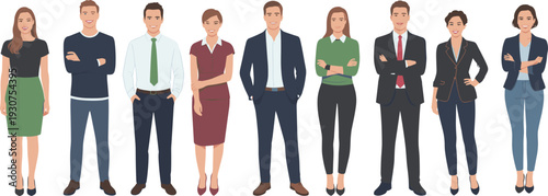 Illustration of nine professionally dressed individuals standing together in diverse business attire, symbolizing workplace diversity, corporate representation, 