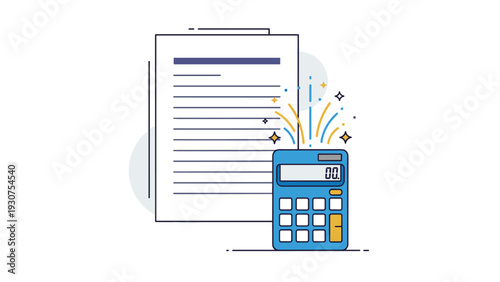 Blue electronic calculator with a white document representing financial calculations, accounting, or tax preparation success on a white background.