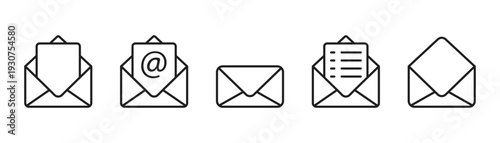 Mail or email icon set. Envelope symbol with letter. Open and closed mail. Vector editable stroke and PNG transparent