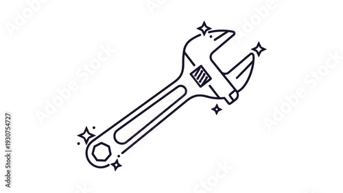 Single silver adjustable wrench with a hexagonal hole on the handle and star sparkles representing quality repair or new tool on white background.