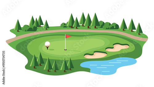 Aerial view illustration of a golf course green featuring a red flag, sand traps, a blue pond, and evergreen trees for sports themes on white.
