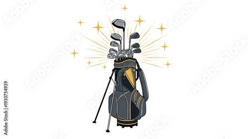 Professional grey and yellow golf bag filled with various clubs and surrounded by decorative gold stars for luxury sports equipment themes.