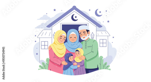 A muslim family stands happily in front of their home