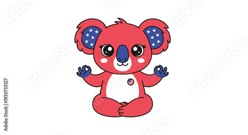Red cartoon koala with blue ears and US flag accents