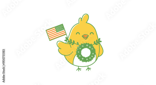 Cheerful yellow chick with American flag and wreath