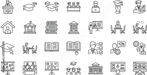 Online Education and University Learning Line Icons Set with Graduation, E Learning, Classroom, Training, Academic Course and Student Development Concepts