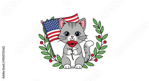 Cute gray kitten with American flag and laurel wreath