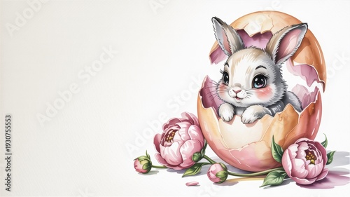 A fluffy rabbit peeking out of a broken eggshell surrounded by blooming peonies. An image with a place for the text.