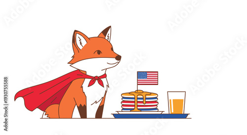 Fox Superhero Celebrating with Pancakes and American Flag
