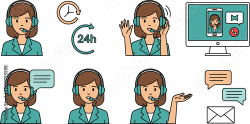 Customer Support Agent Vector Illustration Set with Call Center Woman Character 24 Hours Service Online Help and Communication Icons