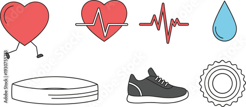 Fitness and Healthy Lifestyle Vector Illustration Set with Running Heart Pulse Rate Sport Shoe Water Drop and Tracking Band Icons