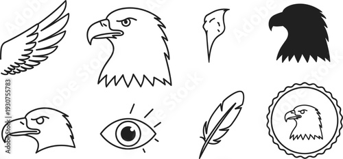 Eagle Head and Wing Vector Illustration Set with American Bald Eagle Silhouette Feather and Eye Icons in Blue Line Art Style
