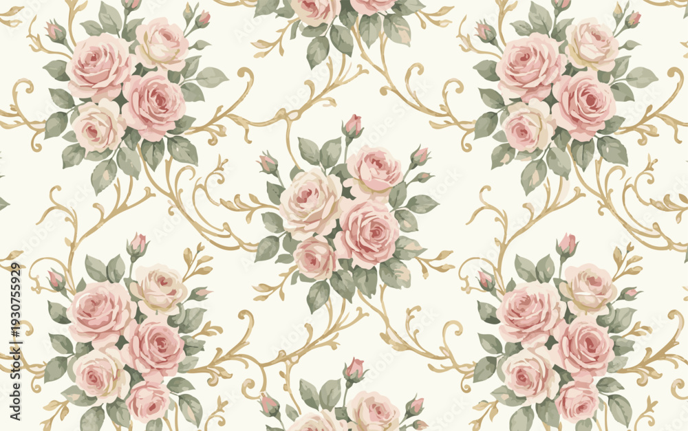 Fototapeta Vintage Floral Pattern with Pink Roses and Gold Vines Design