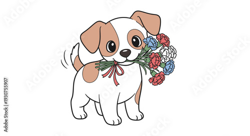 Cute puppy with bouquet of carnations in mouth