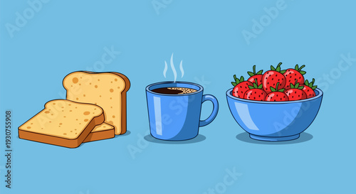 Breakfast Food Illustration with Toast, Coffee, and Strawberries Vector