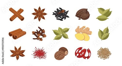Assorted spices and seasonings arranged in a colorful illustrative composition