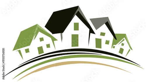Modern vector graphic of a suburban neighborhood featuring multiple homes with green roofs on a stylized landscape, real estate concept.