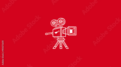 Vintage film camera outline icon on a red background. Retro cinema production symbol, movie making graphic.