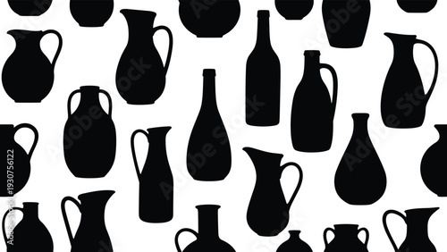 Continuous pattern of various ceramic pottery silhouettes including jugs and vases in solid black for a traditional craft theme.