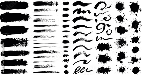 Black paint strokes set, artistic collection of textured brush marks and calligraphy swashes with abstract ink splatter elements.