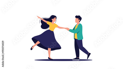 Cheerful illustration of a young couple dancing together with the woman spinning in a wide skirt and the man holding her hand.
