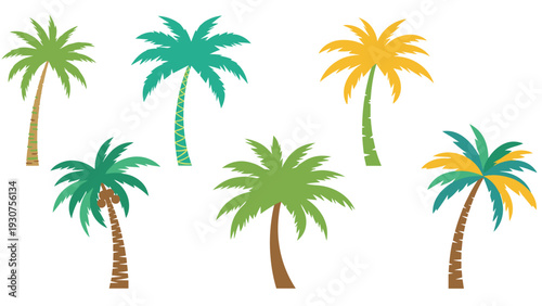 Collection of six palm tree illustrations in different tropical colors like green teal and yellow on a white background.