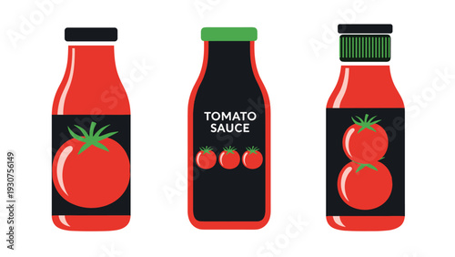 Set of three tomato sauce bottle icons with different label designs and cap colors representing various condiment products.