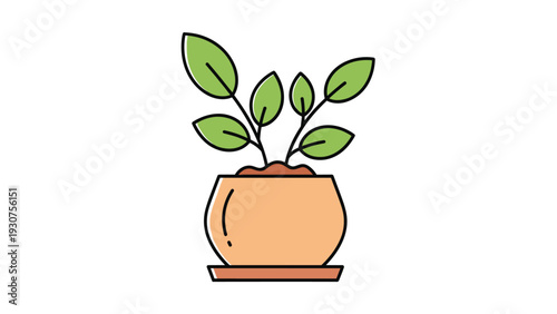 Simple vector illustration of a green leafy houseplant in a warm peach colored ceramic pot for home and office decor themes.