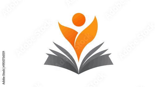 Abstract education logo icon with stylized person rising from an open book, symbolizing knowledge, learning, personal growth, and success.