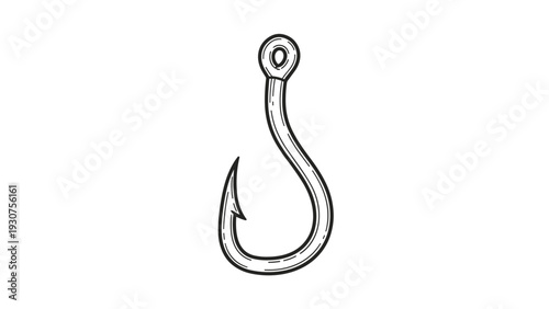 Simple hand-drawn illustration of a classic fishing hook featuring a sharp barb and circular eyelet for angling.