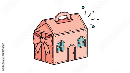 Cute gift box designed to look like a small house with a pink ribbon bow and decorative windows on a white background.