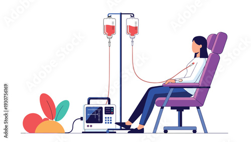 Medical illustration of a woman sitting in a specialized purple chair while receiving intravenous treatment from a drip stand.