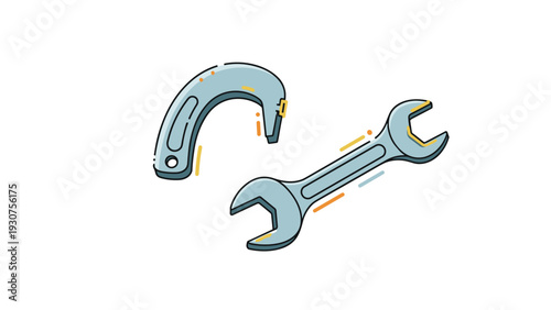 Hook spanner and adjustable wrench tool set shown with orange action lines on a white background for mechanical and repair work themes.