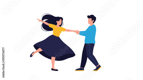 Cheerful couple holding hands and dancing together with the woman spinning in a flowing skirt against a plain background.