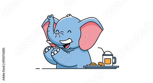 Cute Baby Elephant Discording Snack Time with Cookie and Drink