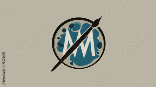 Abstract creative art design with paintbrush, blue paint splatters, and stylized initial letters on a muted background