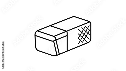 Simple black and white line drawing of a traditional rectangular pencil eraser showing its 3D form and textures.