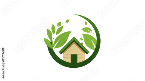 Eco-friendly house logo with green leaves, symbolizing sustainable living, nature, and environmental protection for home and property.