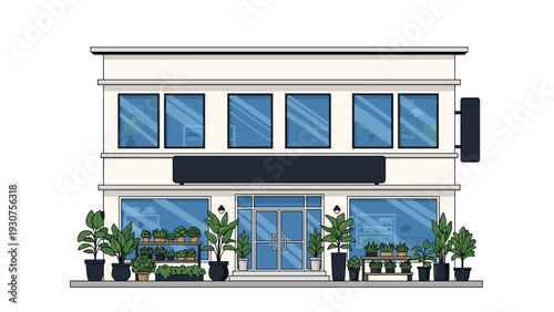 Detailed storefront illustration of a plant shop with two floors and numerous green potted plants displayed outside and in windows.