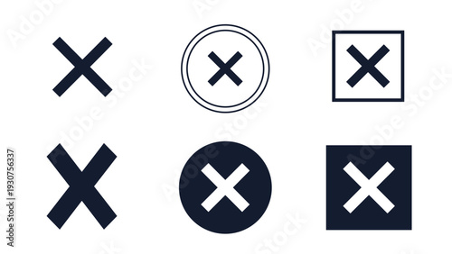Set of various black cross and X mark icons including plain, circled, and squared versions for negative feedback or closing.